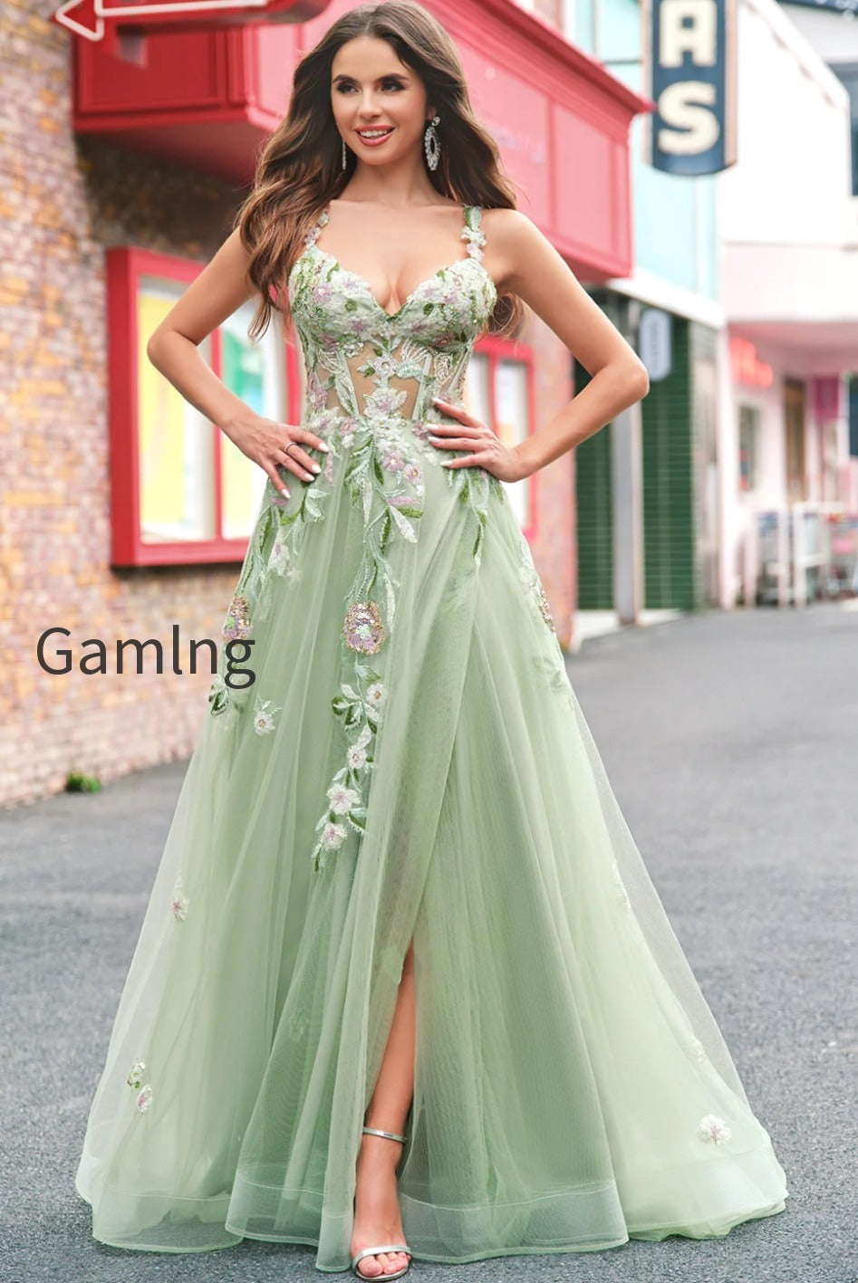 green-floral-a-line-applique-tulle-long-prom-dress-with-slit