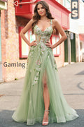 green-floral-a-line-applique-tulle-long-prom-dress-with-slit