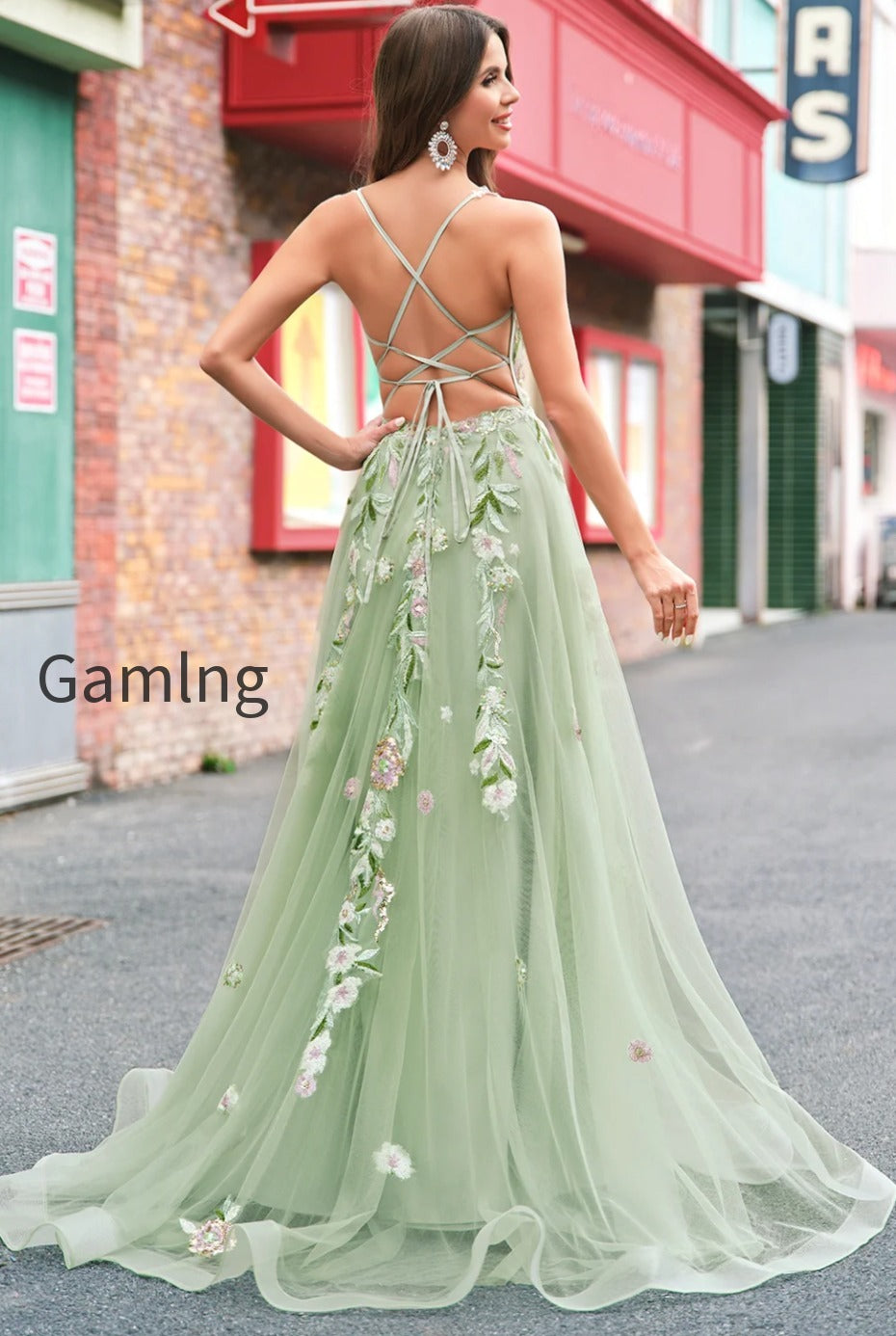 green-floral-a-line-applique-tulle-long-prom-dress-with-slit