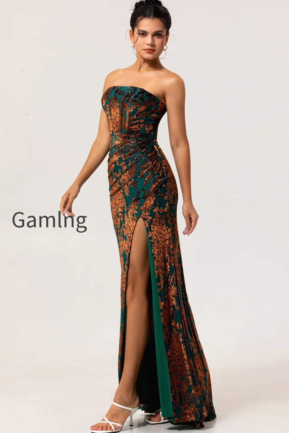 peacock-green-strapless-corset-long-velvet-bridesmaid-dress-with-slit