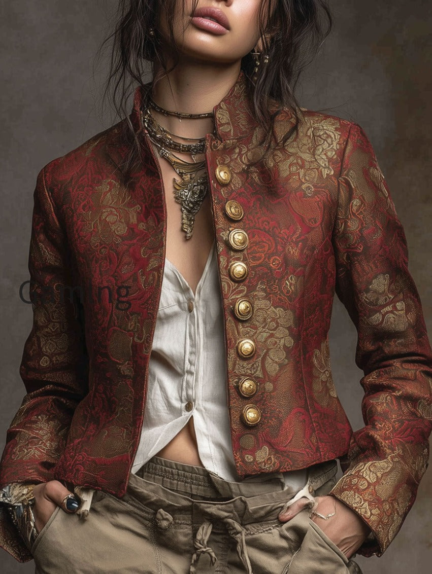 vintage-print-metal-button-short-blazer