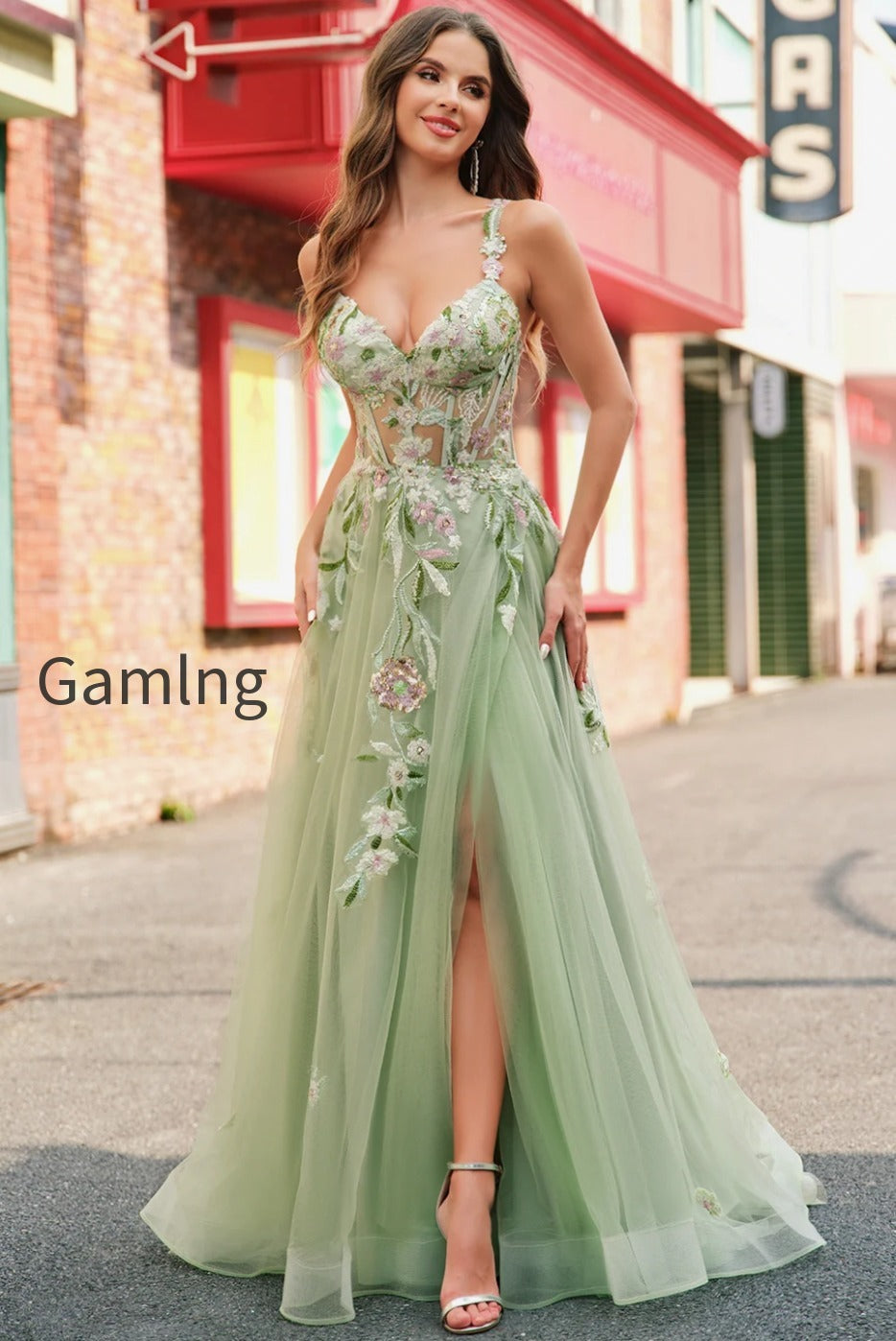 green-floral-a-line-applique-tulle-long-prom-dress-with-slit