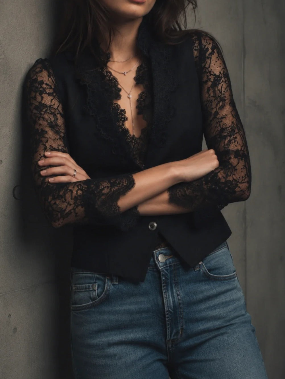 elegant-black-lace-panel-sleeve-blazer-top-vest