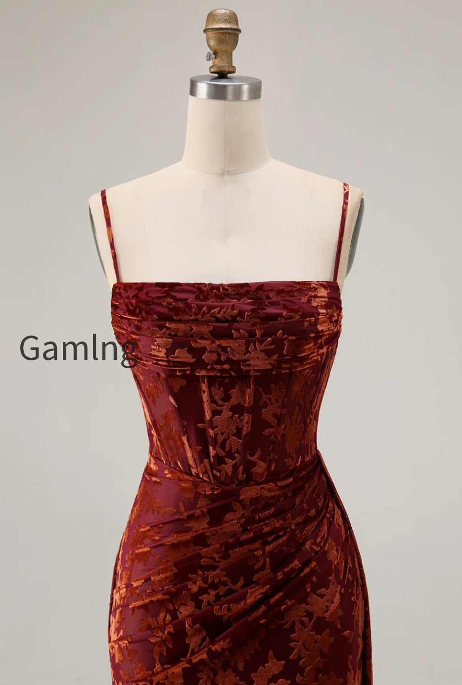 burgundy-corset-spaghetti-straps-velvet-long-wedding-guest-dress-with-slit