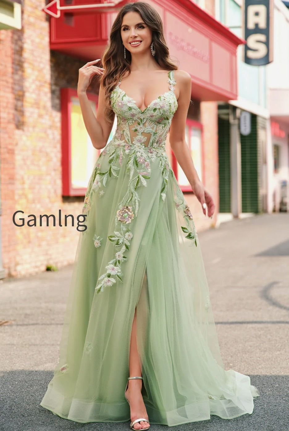 green-floral-a-line-applique-tulle-long-prom-dress-with-slit