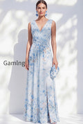 blue-floral-a-line-long-v-neck-mother-of-the-bride-dress-with-slit