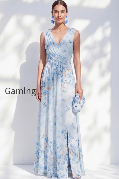 blue-floral-a-line-long-v-neck-mother-of-the-bride-dress-with-slit