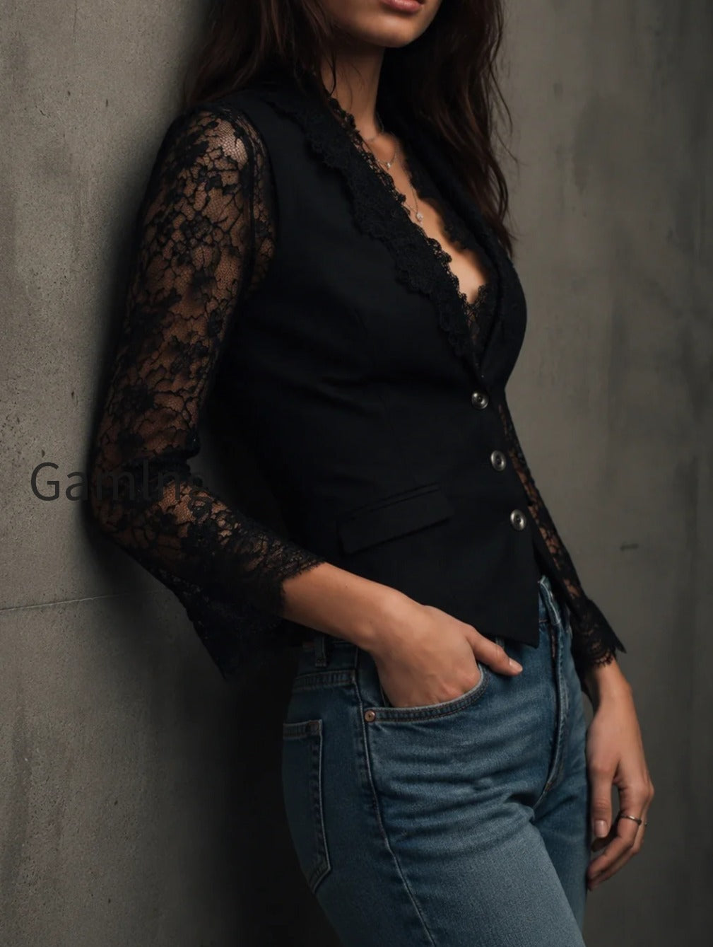 elegant-black-lace-panel-sleeve-blazer-top-vest