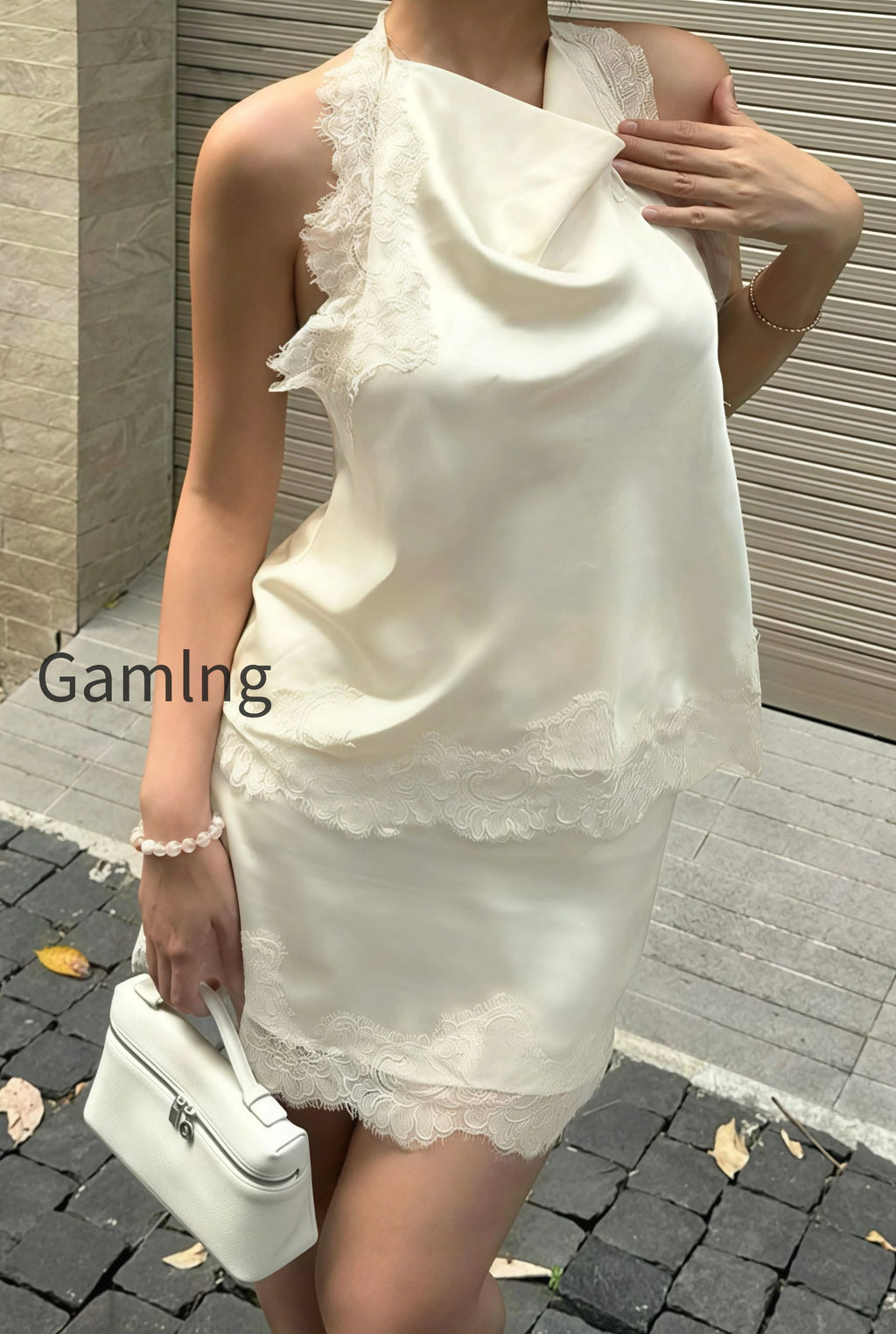 lace-sleeveless-draped-collar-halter-two-piece-set