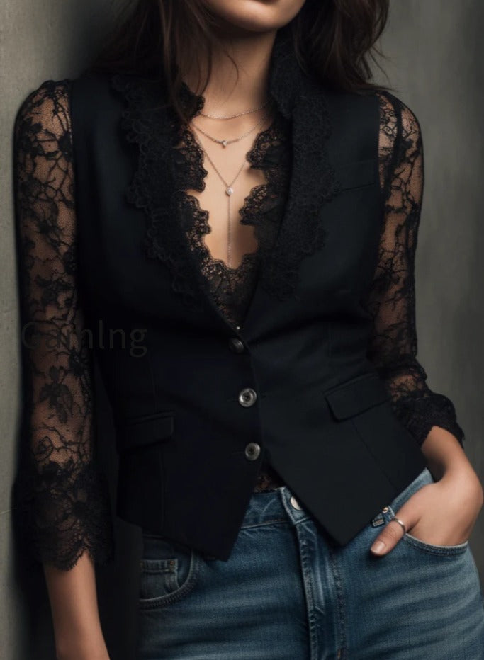 elegant-black-lace-panel-sleeve-blazer-top-vest