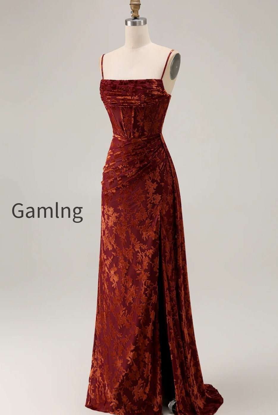 burgundy-corset-spaghetti-straps-velvet-long-wedding-guest-dress-with-slit