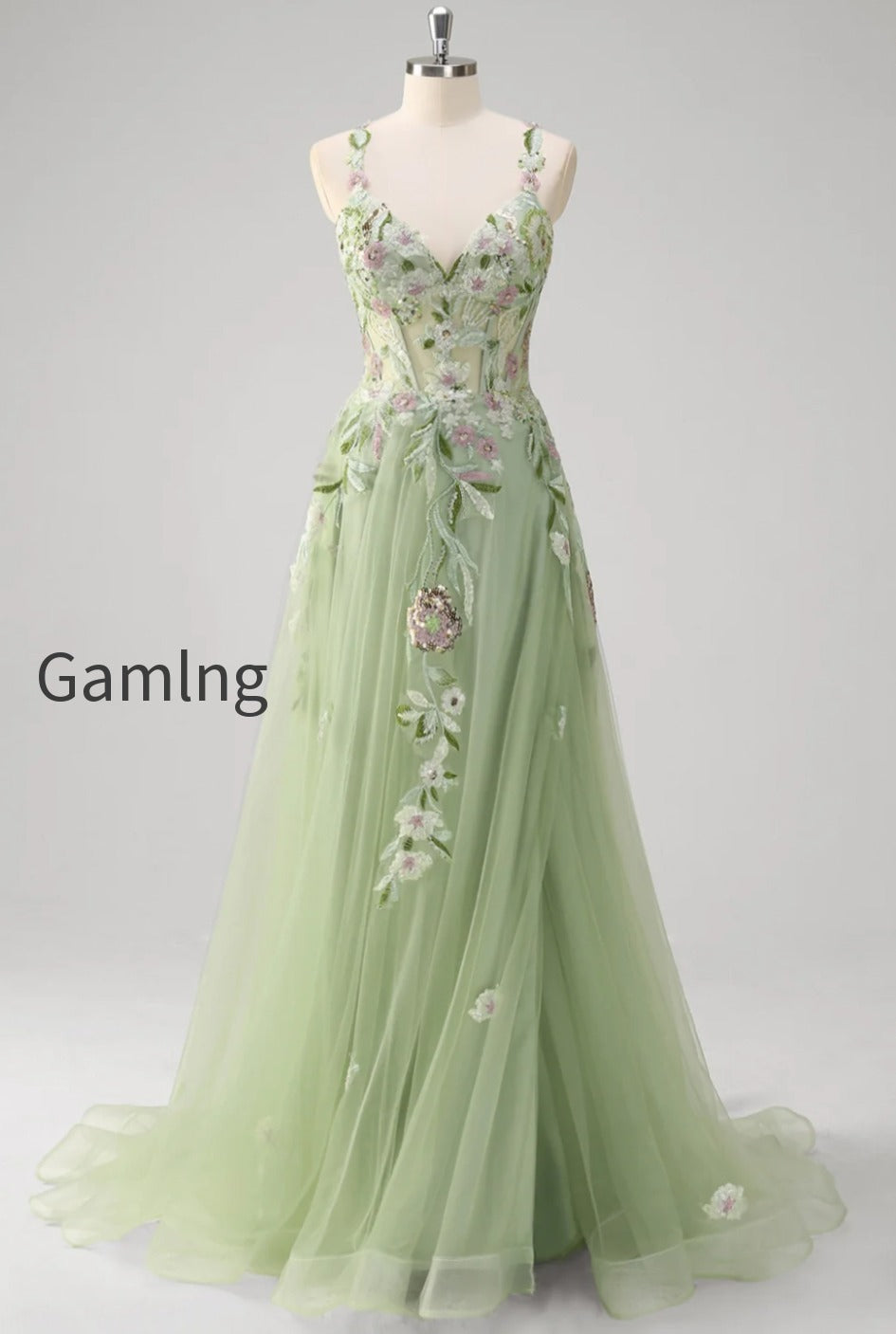green-floral-a-line-applique-tulle-long-prom-dress-with-slit