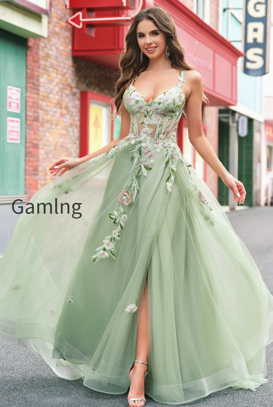 green-floral-a-line-applique-tulle-long-prom-dress-with-slit