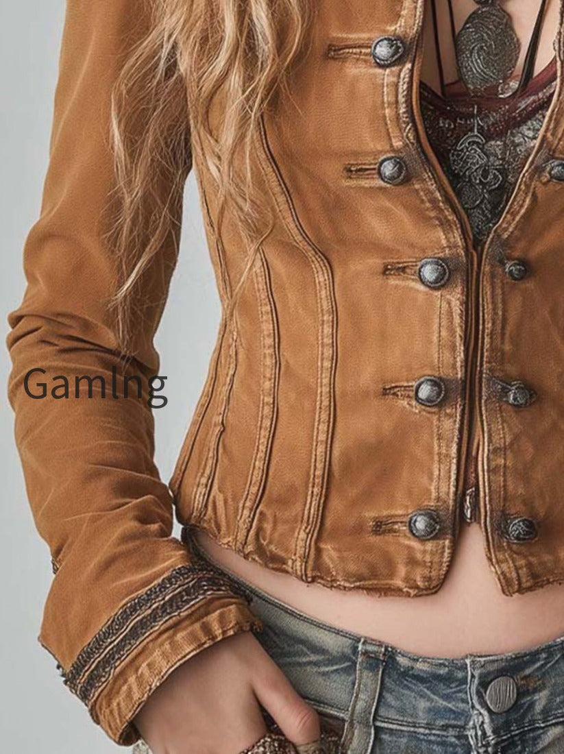 bohemian-style-practical-washed-double-breasted-short-jacket