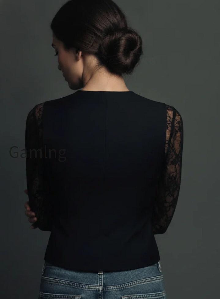 elegant-black-lace-panel-sleeve-blazer-top-vest