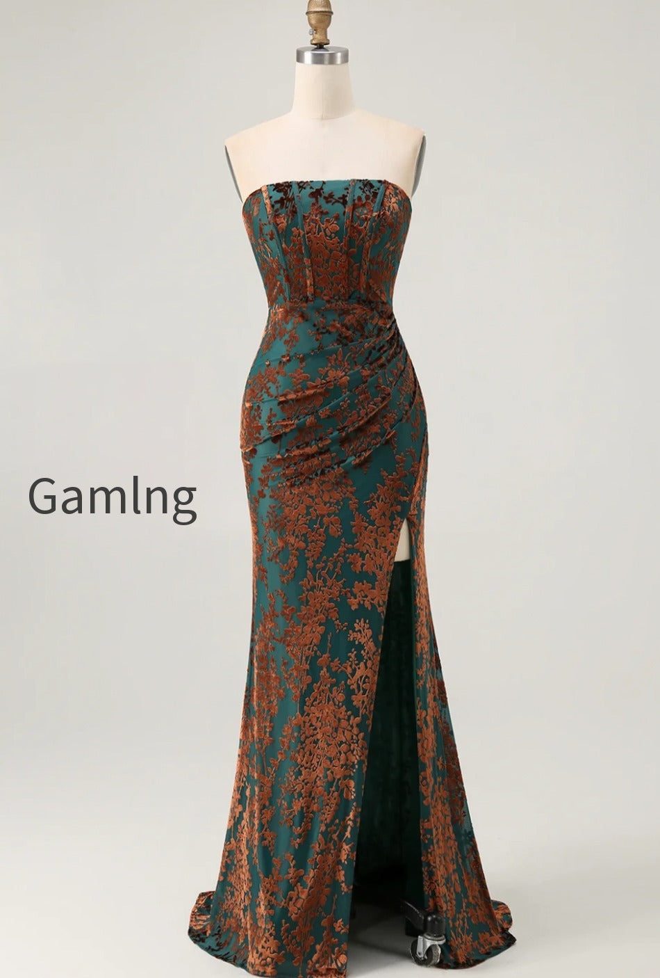 peacock-green-strapless-corset-long-velvet-bridesmaid-dress-with-slit