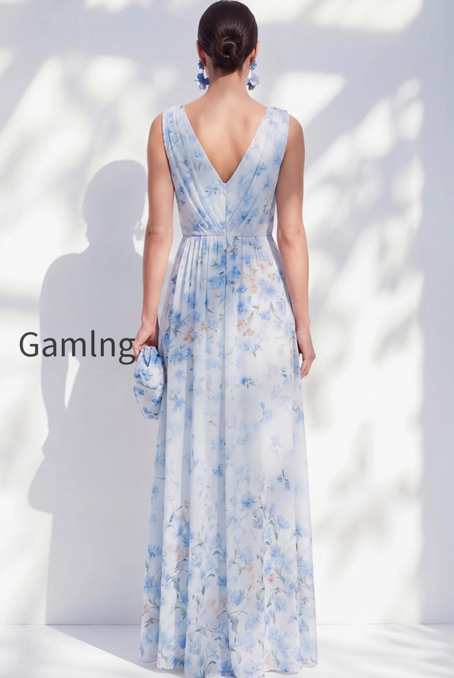 blue-floral-a-line-long-v-neck-mother-of-the-bride-dress-with-slit