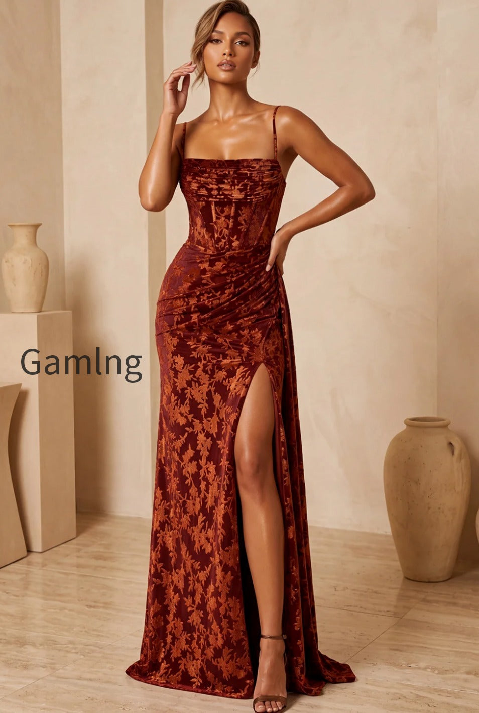 burgundy-corset-spaghetti-straps-velvet-long-wedding-guest-dress-with-slit