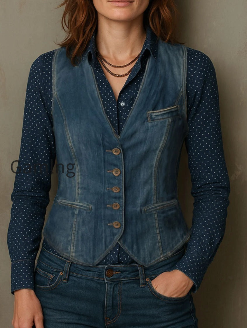 retro-distressed-denim-vest-flap-pocket-blazer-set