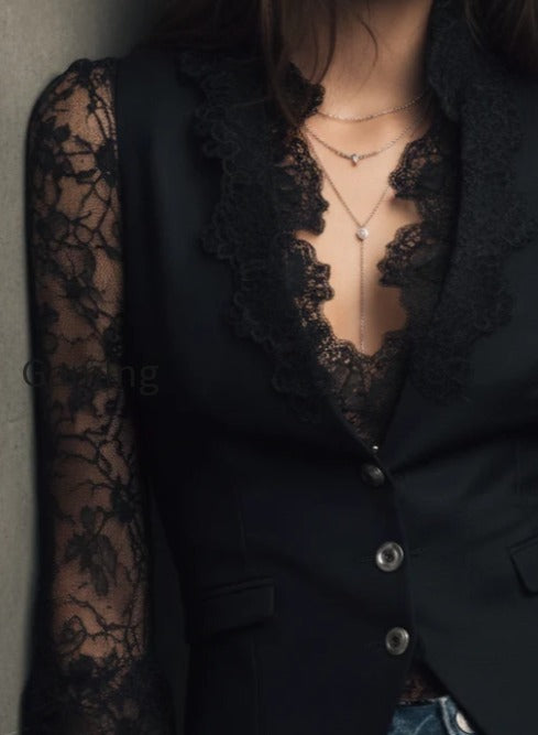 elegant-black-lace-panel-sleeve-blazer-top-vest