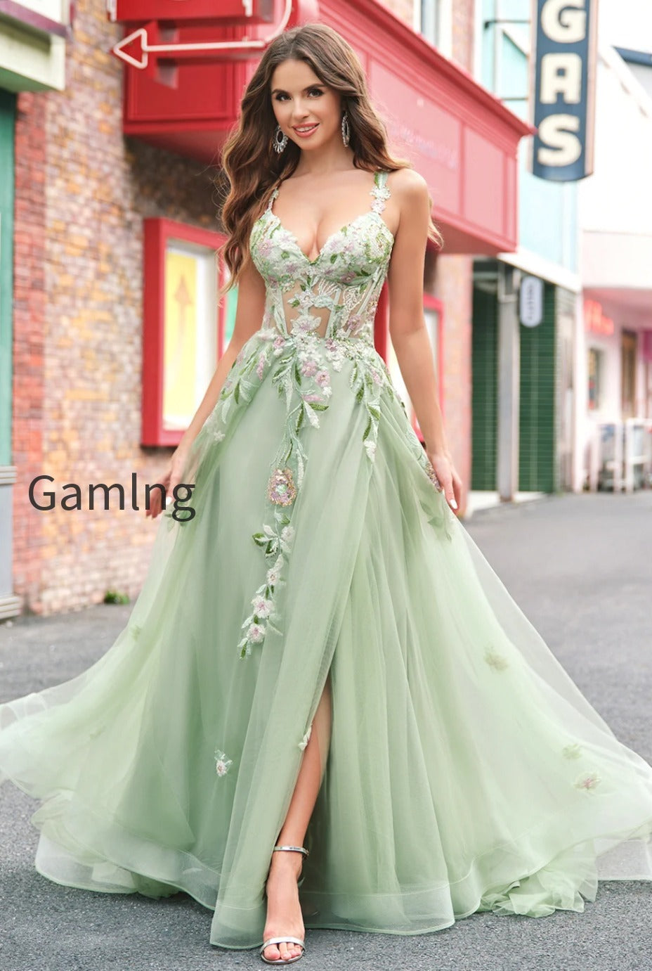 green-floral-a-line-applique-tulle-long-prom-dress-with-slit