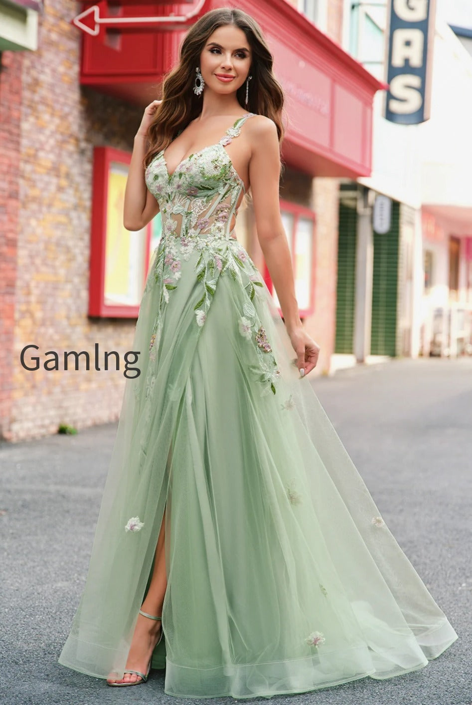 green-floral-a-line-applique-tulle-long-prom-dress-with-slit