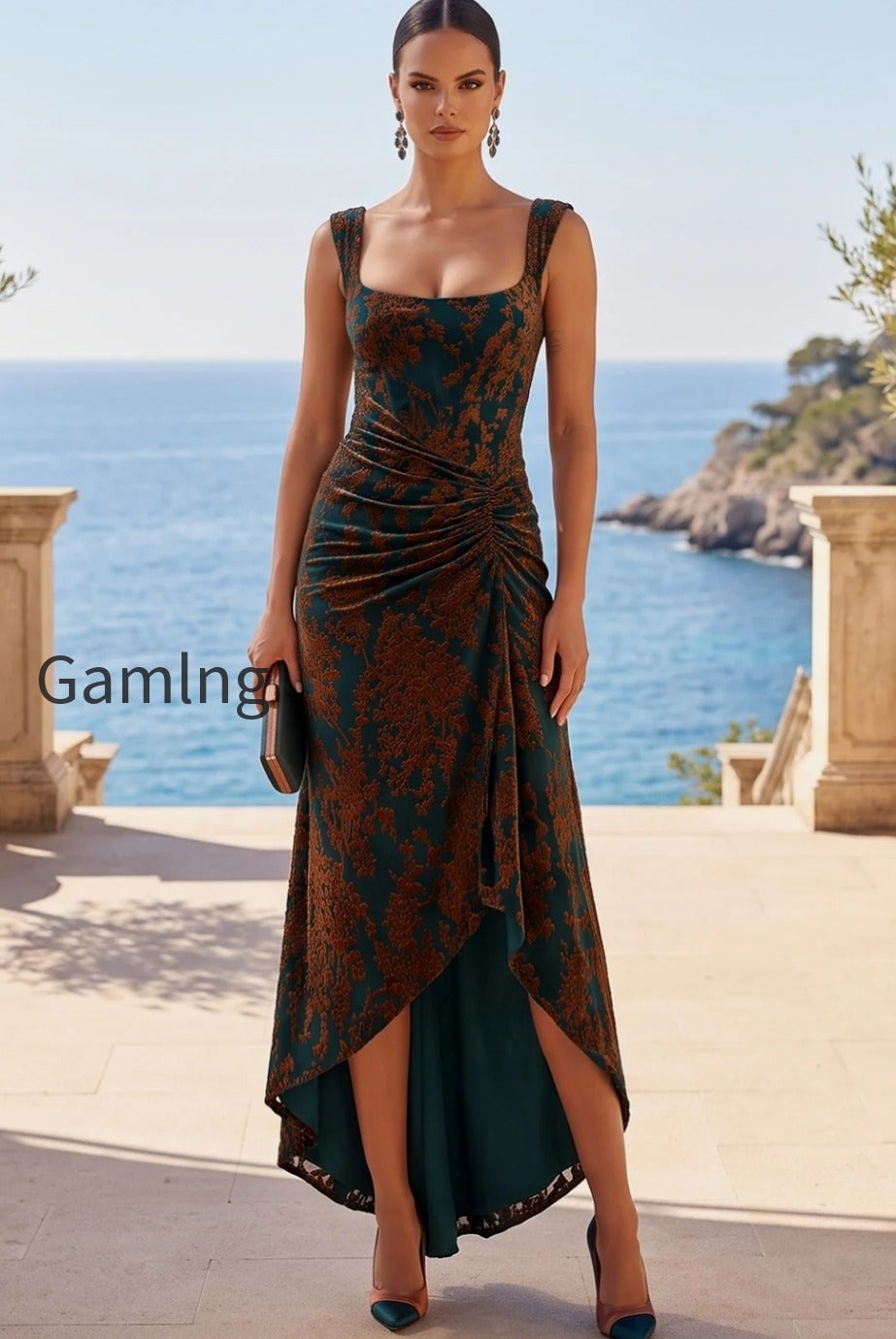 dark-green-velvet-sheath-floral-ruched-high-low-holiday-dress